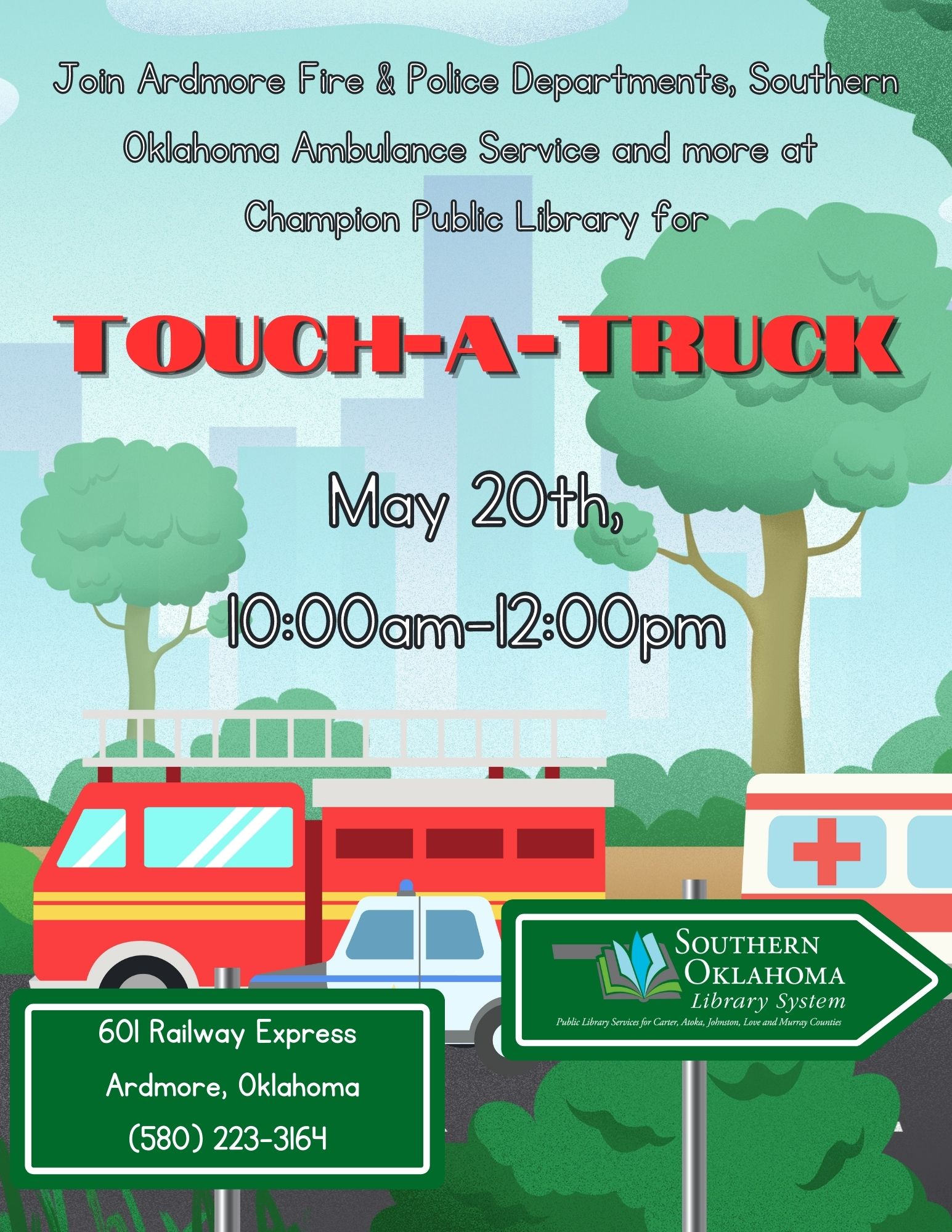 Colorful city park background with different vehicles displayed. Touch-A-Truck at Champion Public Library.