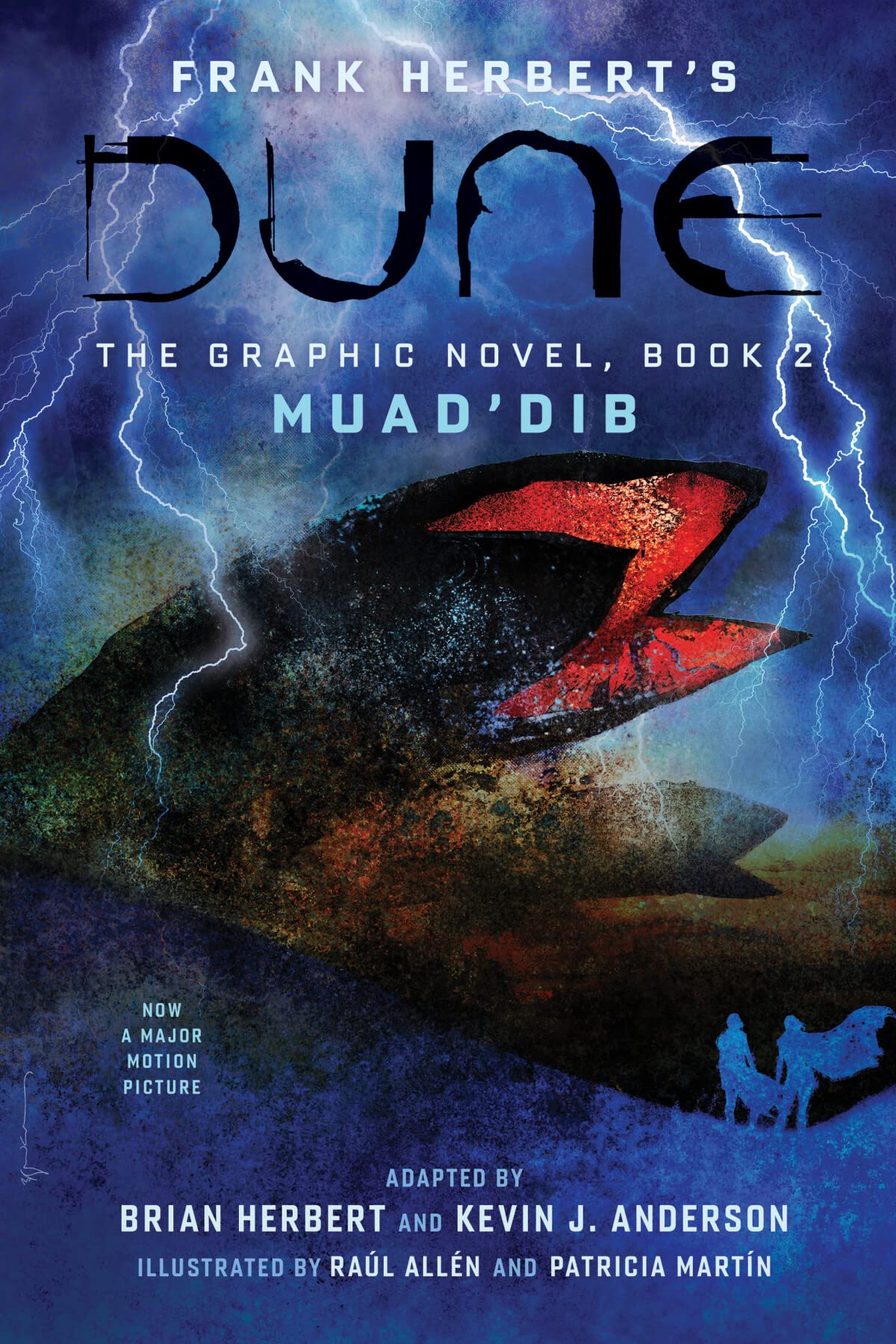 Deep blue background with lighting. Lower cover features sand dunes for the book Dune with two sandworms that are black and red. Dune: the graphic novel. Book 2, Muad'Dib