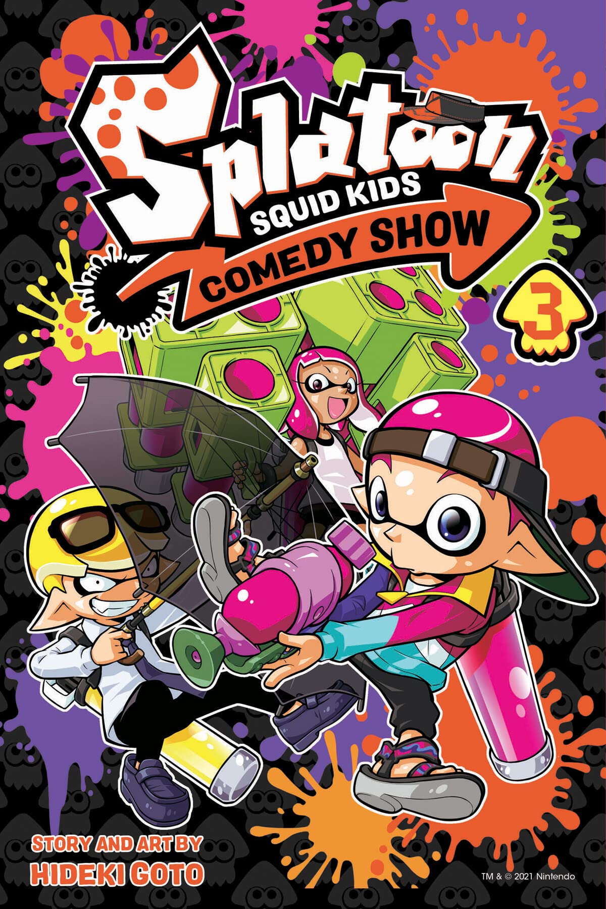 A colorful splatter of colors with hot pink, orange, green and purple in background. Three humanoid childlike characters called Inklings in foreground. One with pink squid like hair holding two five barrel squirt guns. On left a science like inkling with yellow hair is holding a see through umbrella. In front on the right side, Inkling with pink backwards cap and multi color hoodie