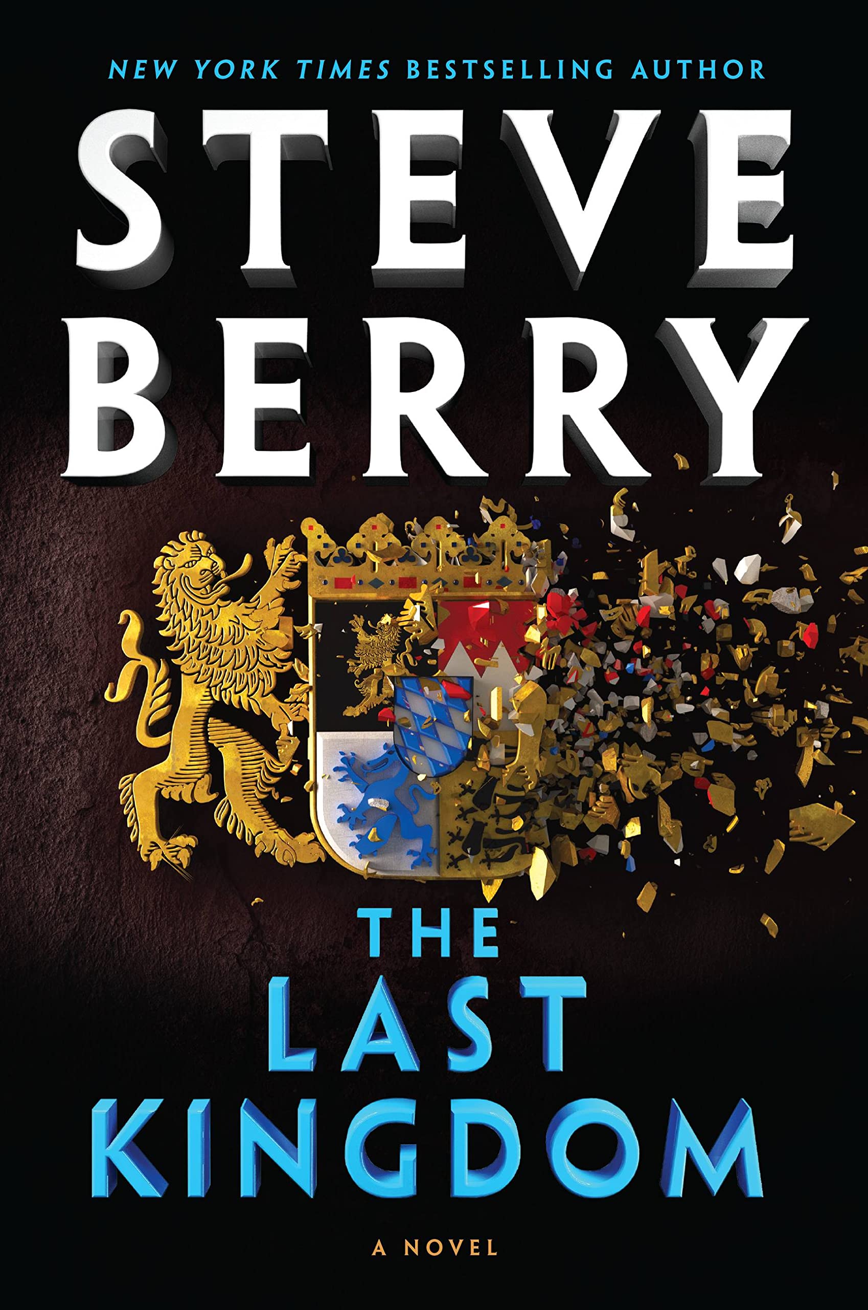 Black background with classic medieval crest in the center. The Last Kingdom by Steve Berry.