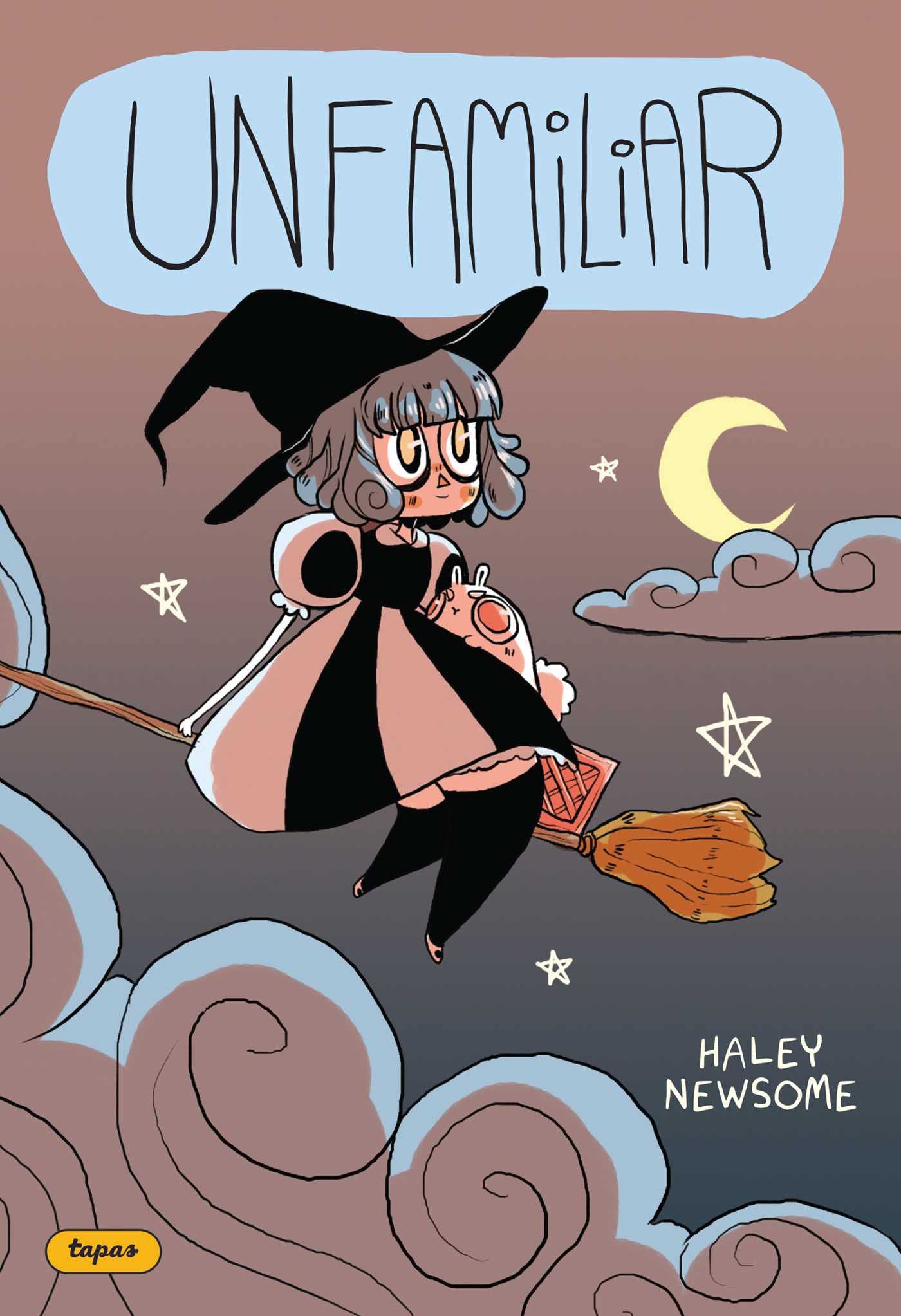 Hand drawn images are depicted on cover. A witch like character is in the center flying on a broom. She is wearing a black and pink Lolita dress and curly short grey pink/purple hair with bangs, black witches hat and big eyes. A bunnies like companion is siting next to her. Crescent yellow moon in the background with stars and cloud to mimic a night sky featured on cover. Above her head is the title in oval shape in light blue color. "Unfamiliar, Vol. 1" by Haley Newsome.