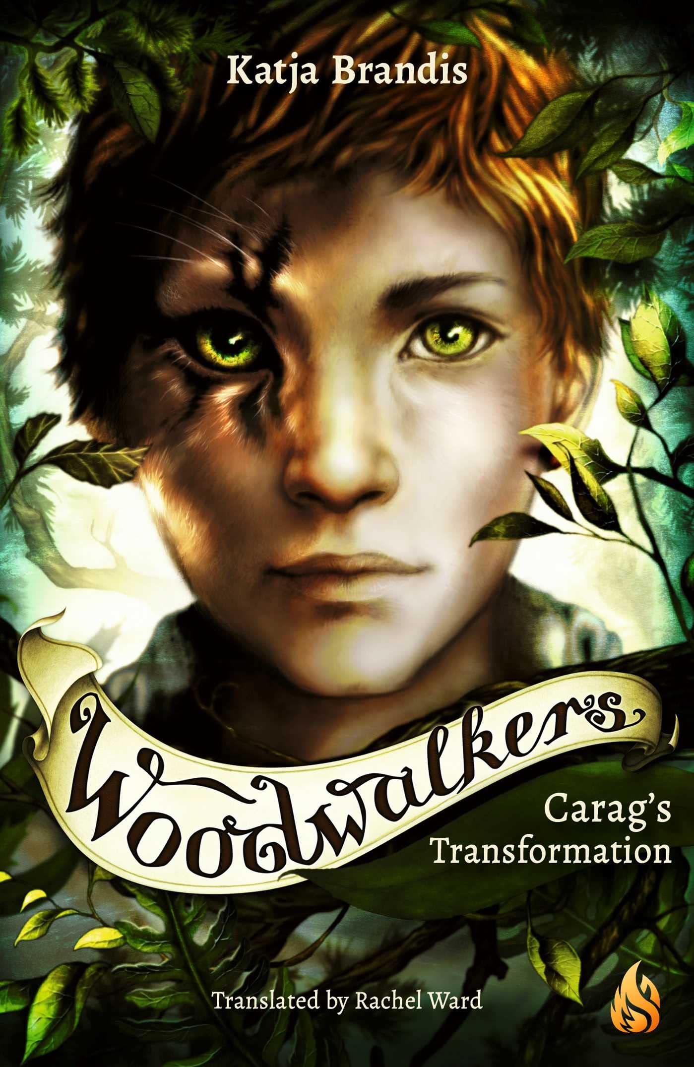 Dark green mass of leaves border the cover and bright yellow background. Human boy with red brown hair shifting into a puma/mountain loin depicted in upper left side of the young boys face. A white ribbon hangs around neck area with title in black letters. "Woodwalkers: Carag's transformation" by Katja Brandis.