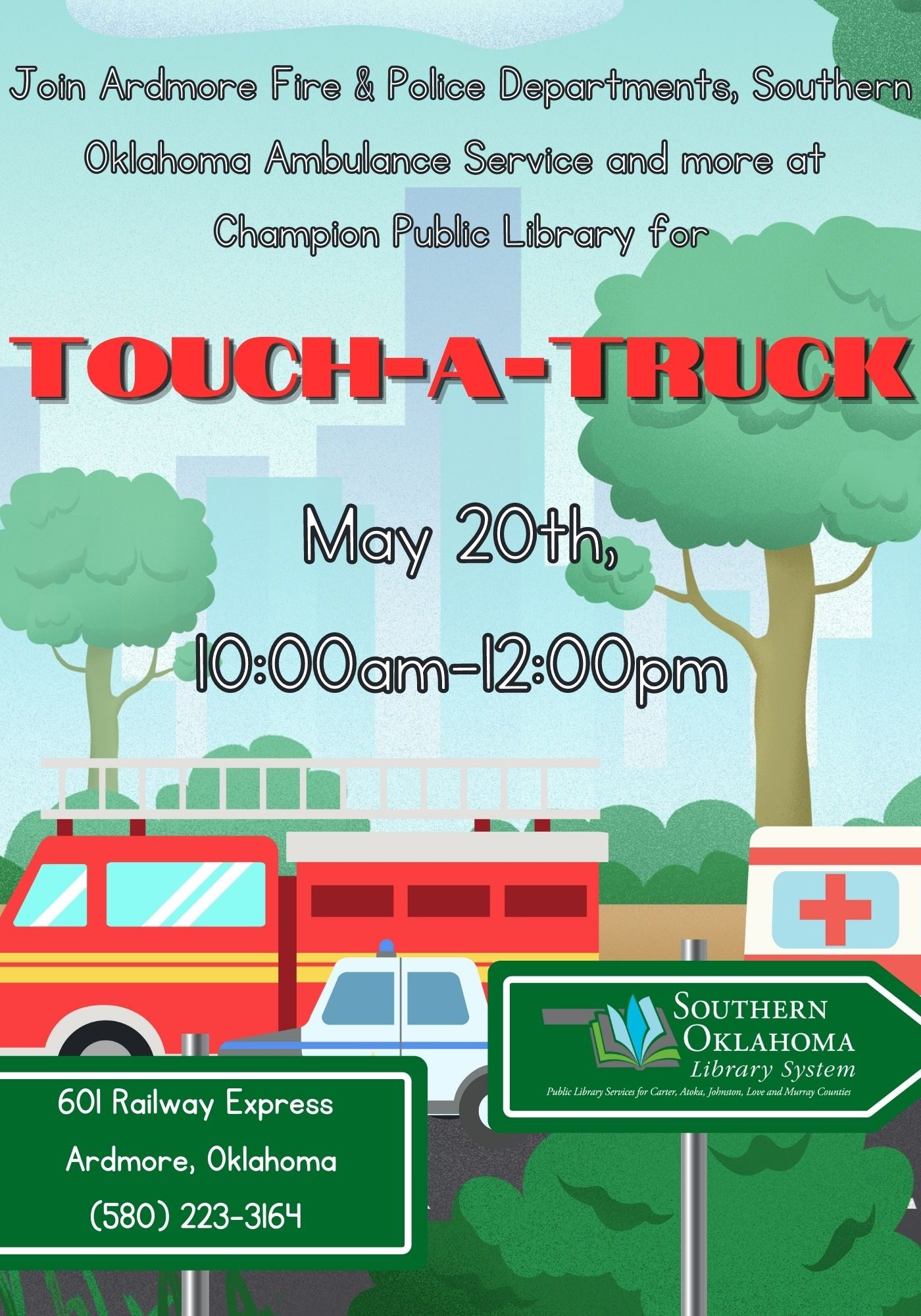 Colorful city park background with different vehicles displayed. Touch-A-Truck at Champion Public Library.